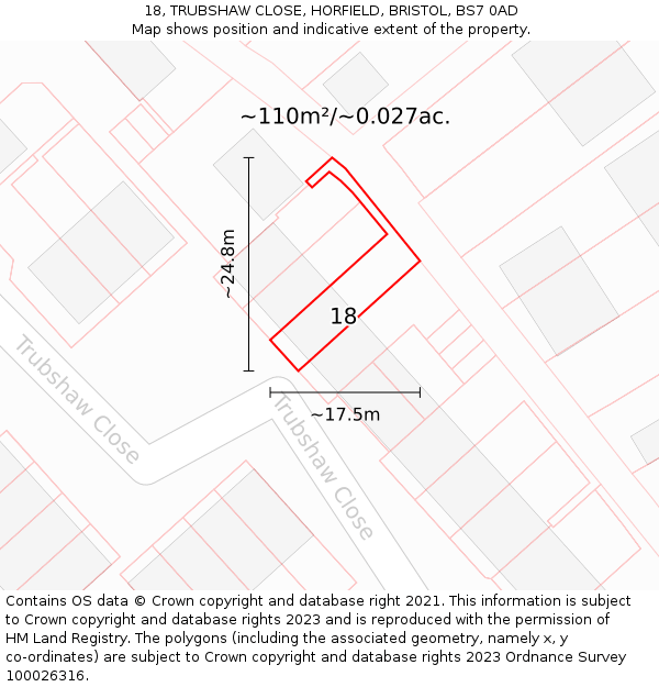 18, TRUBSHAW CLOSE, HORFIELD, BRISTOL, BS7 0AD: Plot and title map