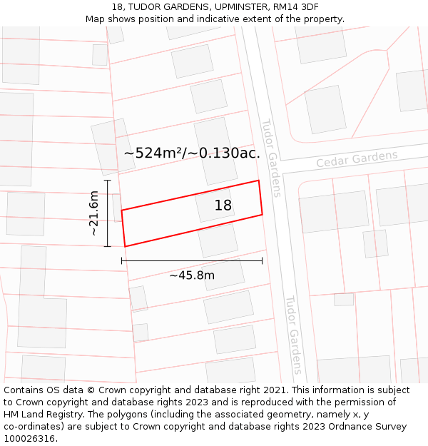 18, TUDOR GARDENS, UPMINSTER, RM14 3DF: Plot and title map