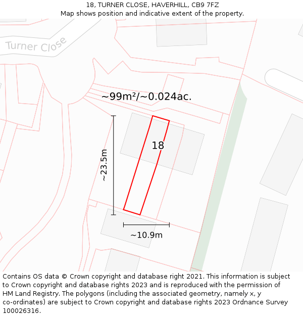 18, TURNER CLOSE, HAVERHILL, CB9 7FZ: Plot and title map