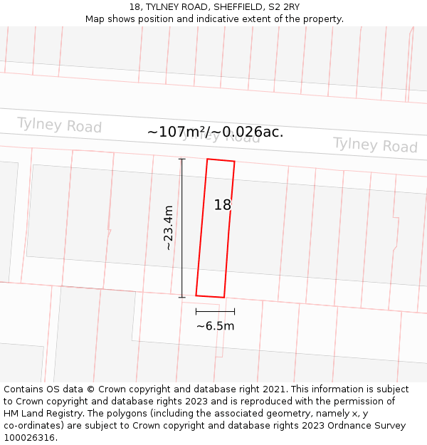 18, TYLNEY ROAD, SHEFFIELD, S2 2RY: Plot and title map