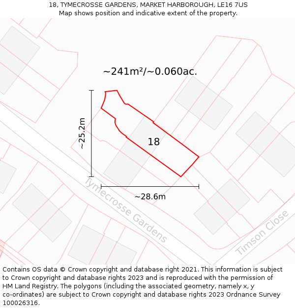 18, TYMECROSSE GARDENS, MARKET HARBOROUGH, LE16 7US: Plot and title map