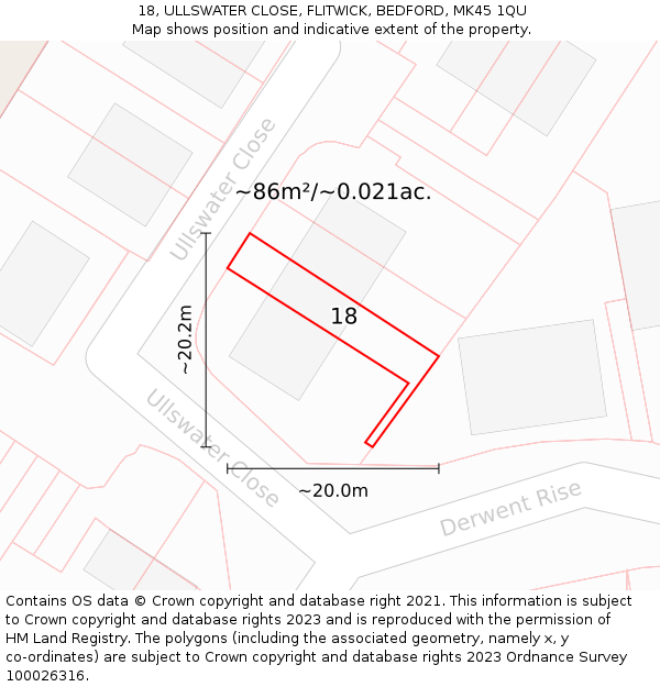 18, ULLSWATER CLOSE, FLITWICK, BEDFORD, MK45 1QU: Plot and title map
