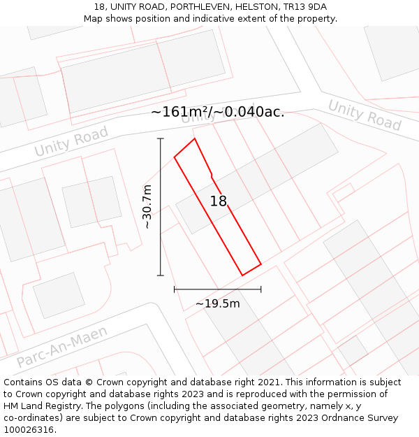 18, UNITY ROAD, PORTHLEVEN, HELSTON, TR13 9DA: Plot and title map