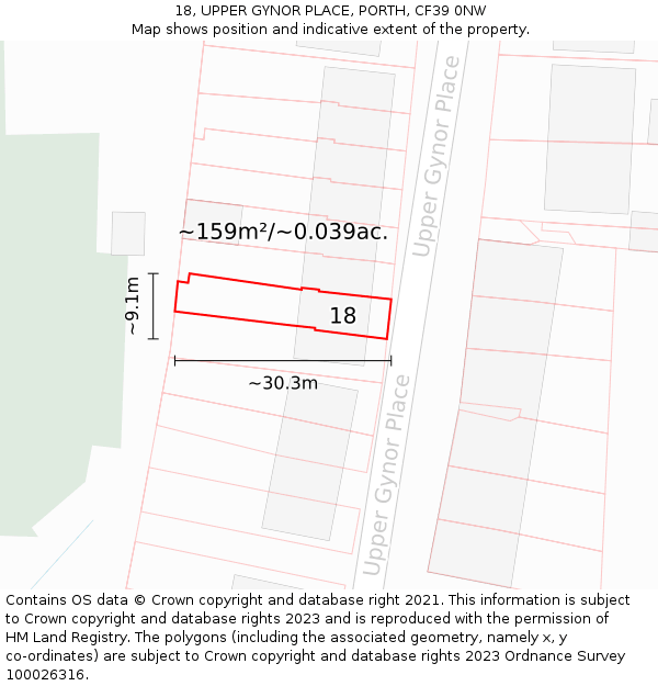 18, UPPER GYNOR PLACE, PORTH, CF39 0NW: Plot and title map