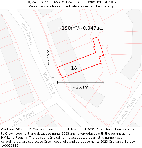 18, VALE DRIVE, HAMPTON VALE, PETERBOROUGH, PE7 8EP: Plot and title map