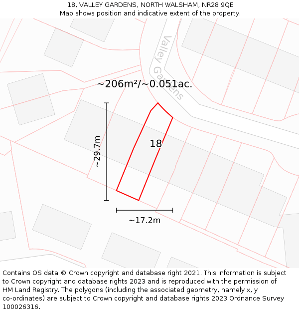 18, VALLEY GARDENS, NORTH WALSHAM, NR28 9QE: Plot and title map