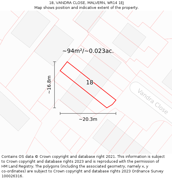 18, VANDRA CLOSE, MALVERN, WR14 1EJ: Plot and title map