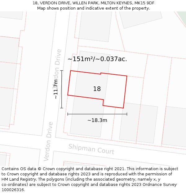 18, VERDON DRIVE, WILLEN PARK, MILTON KEYNES, MK15 9DF: Plot and title map