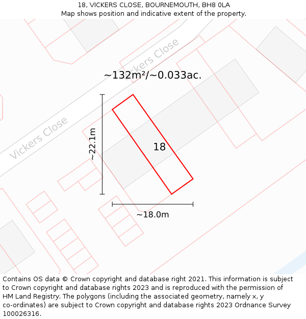 18, VICKERS CLOSE, BOURNEMOUTH, BH8 0LA: Plot and title map