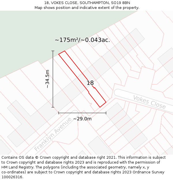 18, VOKES CLOSE, SOUTHAMPTON, SO19 8BN: Plot and title map