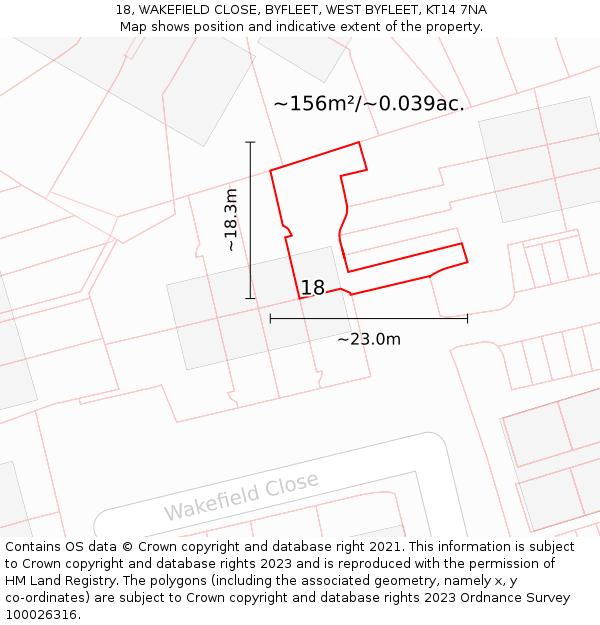 18, WAKEFIELD CLOSE, BYFLEET, WEST BYFLEET, KT14 7NA: Plot and title map