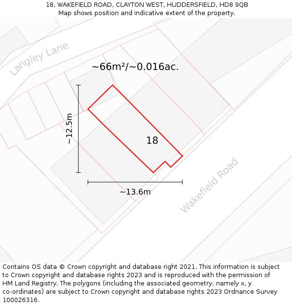 18, WAKEFIELD ROAD, CLAYTON WEST, HUDDERSFIELD, HD8 9QB: Plot and title map