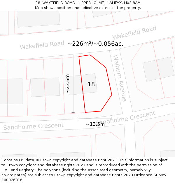 18, WAKEFIELD ROAD, HIPPERHOLME, HALIFAX, HX3 8AA: Plot and title map