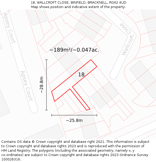 18, WALLCROFT CLOSE, BINFIELD, BRACKNELL, RG42 4UD: Plot and title map