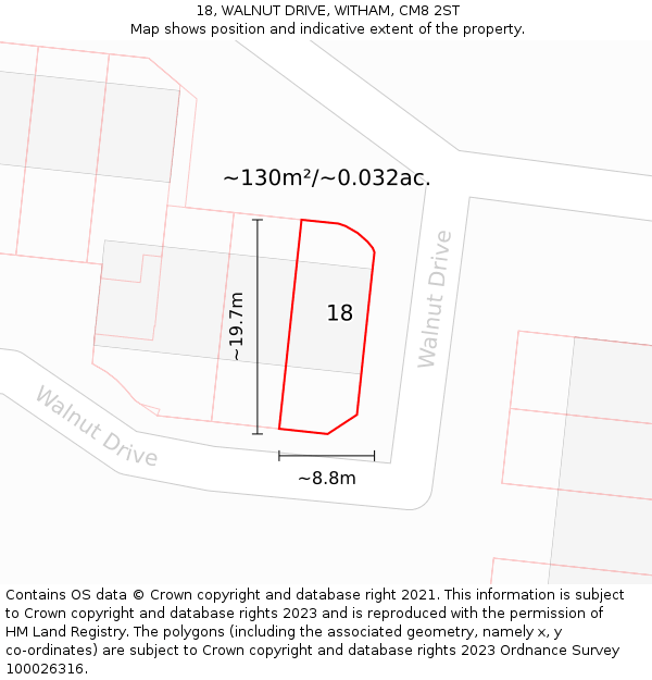 18, WALNUT DRIVE, WITHAM, CM8 2ST: Plot and title map