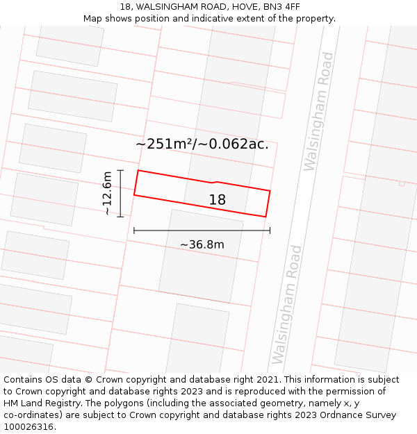18, WALSINGHAM ROAD, HOVE, BN3 4FF: Plot and title map