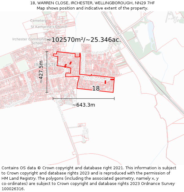 18, WARREN CLOSE, IRCHESTER, WELLINGBOROUGH, NN29 7HF: Plot and title map