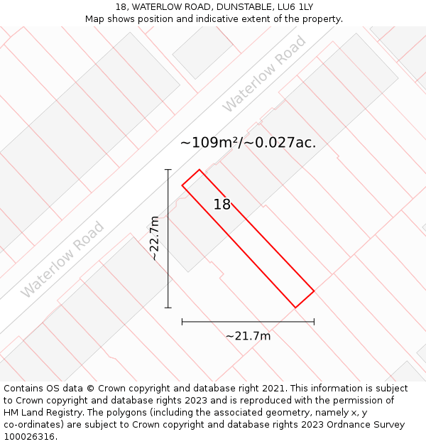 18, WATERLOW ROAD, DUNSTABLE, LU6 1LY: Plot and title map