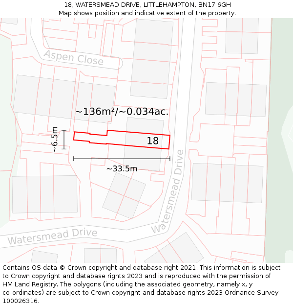18, WATERSMEAD DRIVE, LITTLEHAMPTON, BN17 6GH: Plot and title map