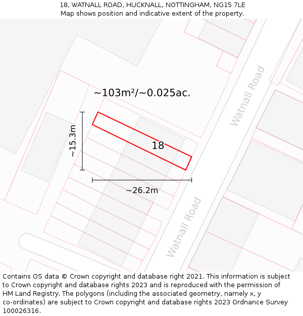 18, WATNALL ROAD, HUCKNALL, NOTTINGHAM, NG15 7LE: Plot and title map