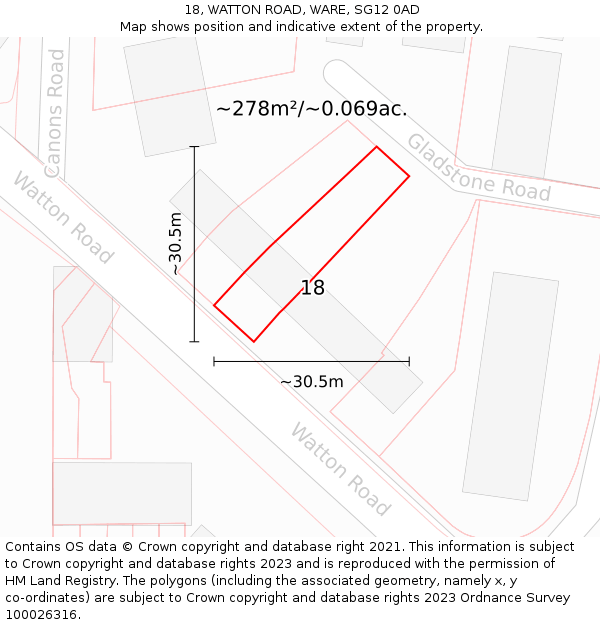 18, WATTON ROAD, WARE, SG12 0AD: Plot and title map