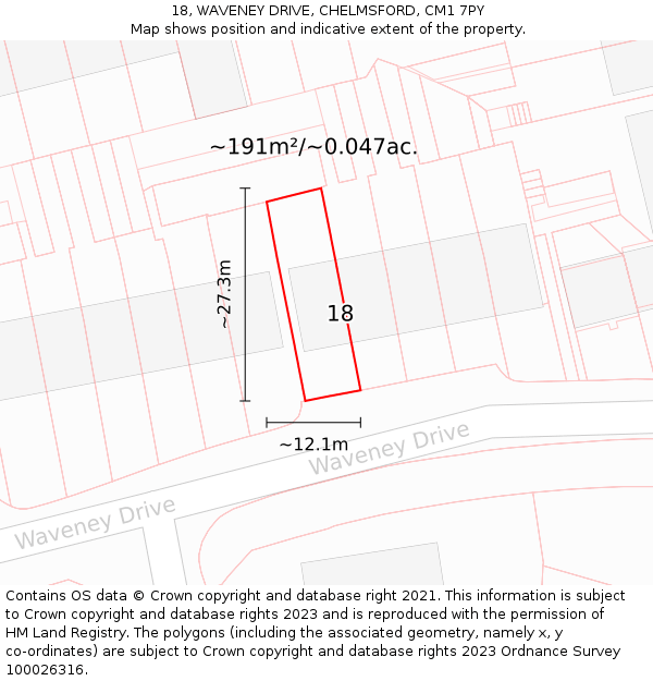 18, WAVENEY DRIVE, CHELMSFORD, CM1 7PY: Plot and title map