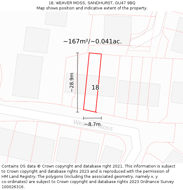 18, WEAVER MOSS, SANDHURST, GU47 9BQ: Plot and title map