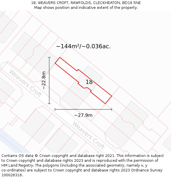 18, WEAVERS CROFT, RAWFOLDS, CLECKHEATON, BD19 5NE: Plot and title map
