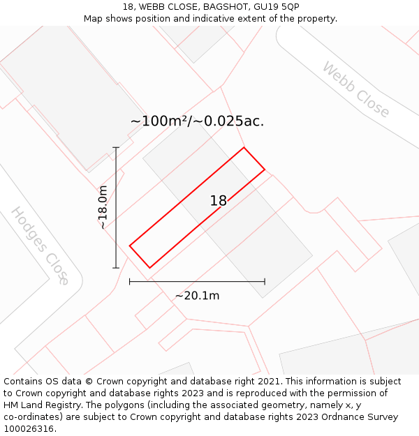 18, WEBB CLOSE, BAGSHOT, GU19 5QP: Plot and title map