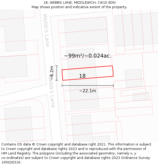 18, WEBBS LANE, MIDDLEWICH, CW10 9DN: Plot and title map