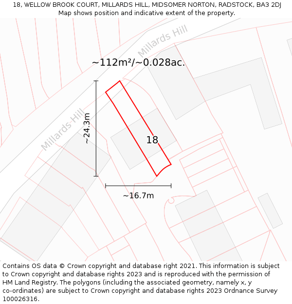 18, WELLOW BROOK COURT, MILLARDS HILL, MIDSOMER NORTON, RADSTOCK, BA3 2DJ: Plot and title map