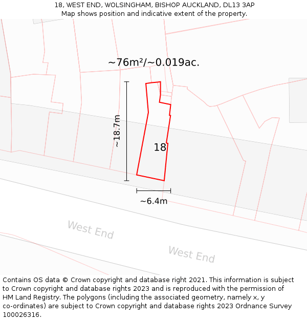 18, WEST END, WOLSINGHAM, BISHOP AUCKLAND, DL13 3AP: Plot and title map