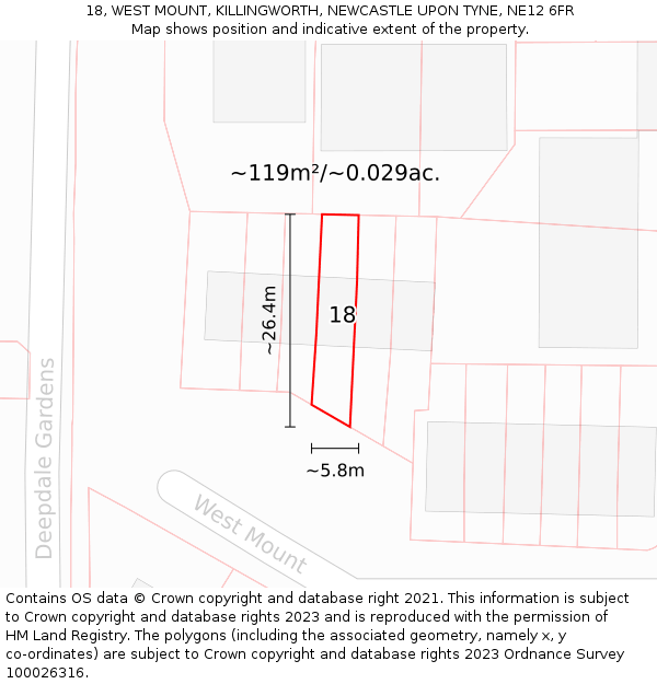 18, WEST MOUNT, KILLINGWORTH, NEWCASTLE UPON TYNE, NE12 6FR: Plot and title map