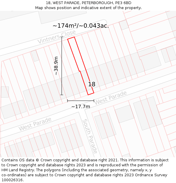 18, WEST PARADE, PETERBOROUGH, PE3 6BD: Plot and title map