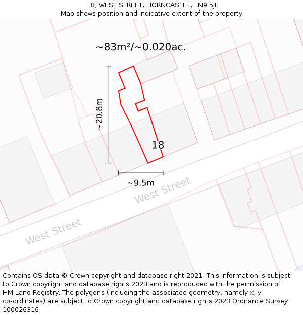 18, WEST STREET, HORNCASTLE, LN9 5JF: Plot and title map