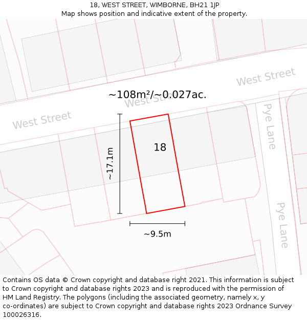 18, WEST STREET, WIMBORNE, BH21 1JP: Plot and title map