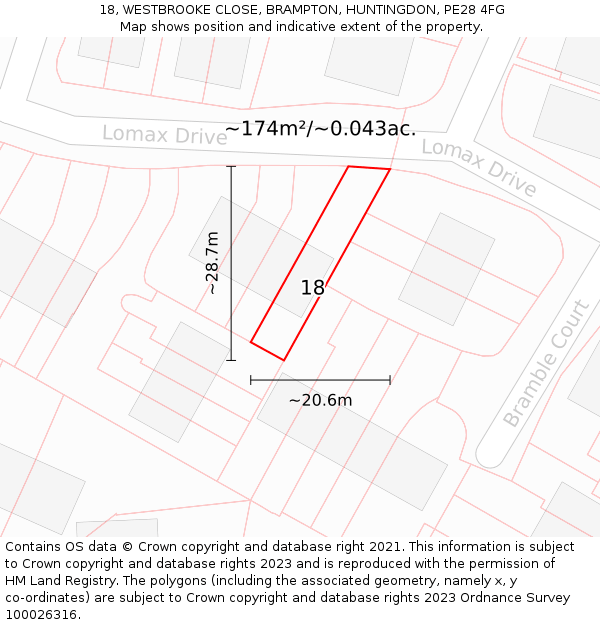 18, WESTBROOKE CLOSE, BRAMPTON, HUNTINGDON, PE28 4FG: Plot and title map