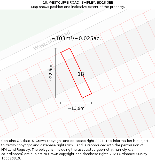 18, WESTCLIFFE ROAD, SHIPLEY, BD18 3EE: Plot and title map