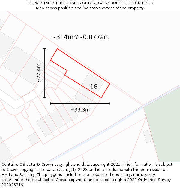 18, WESTMINSTER CLOSE, MORTON, GAINSBOROUGH, DN21 3GD: Plot and title map