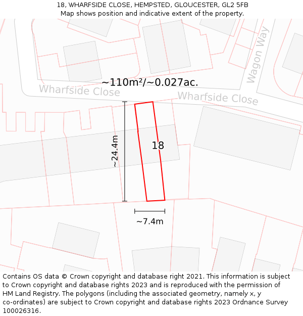 18, WHARFSIDE CLOSE, HEMPSTED, GLOUCESTER, GL2 5FB: Plot and title map