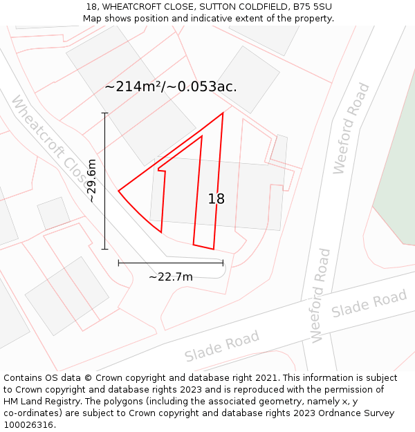 18, WHEATCROFT CLOSE, SUTTON COLDFIELD, B75 5SU: Plot and title map