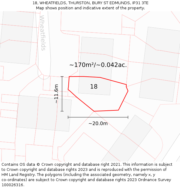 18, WHEATFIELDS, THURSTON, BURY ST EDMUNDS, IP31 3TE: Plot and title map
