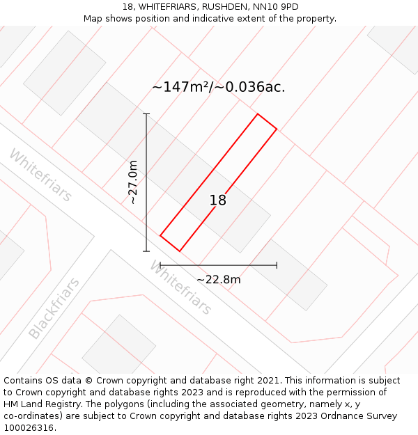 18, WHITEFRIARS, RUSHDEN, NN10 9PD: Plot and title map