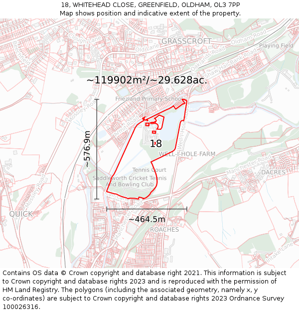 18, WHITEHEAD CLOSE, GREENFIELD, OLDHAM, OL3 7PP: Plot and title map