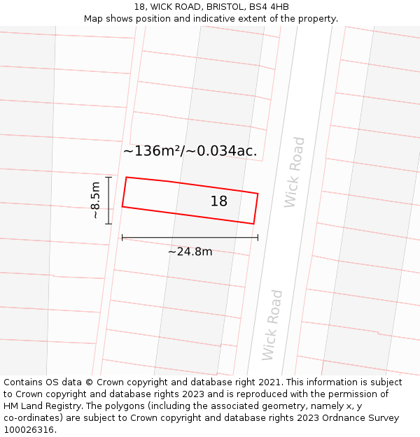 18, WICK ROAD, BRISTOL, BS4 4HB: Plot and title map