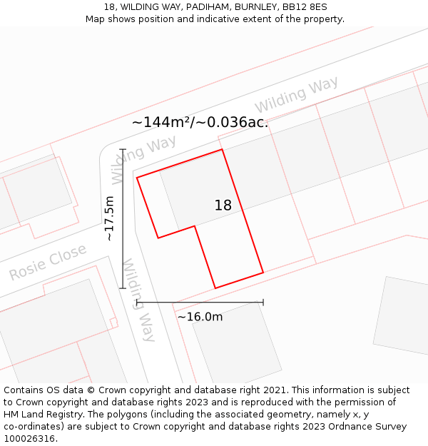 18, WILDING WAY, PADIHAM, BURNLEY, BB12 8ES: Plot and title map