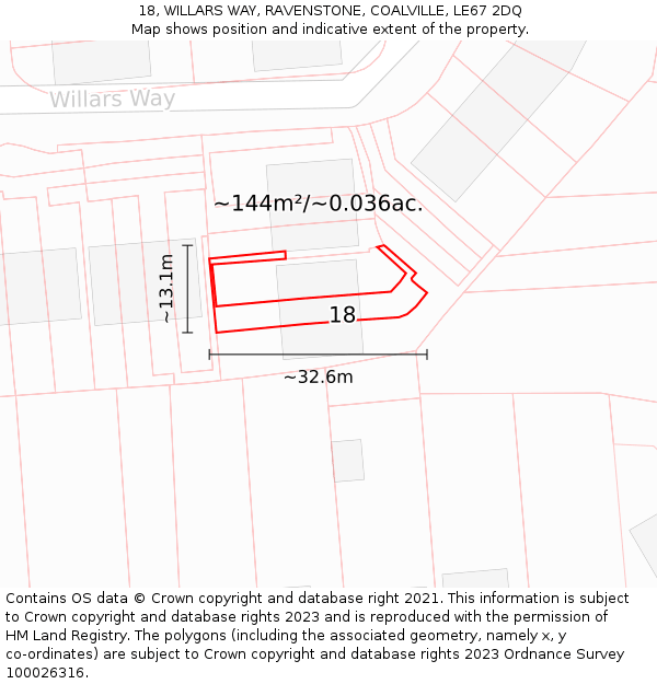 18, WILLARS WAY, RAVENSTONE, COALVILLE, LE67 2DQ: Plot and title map