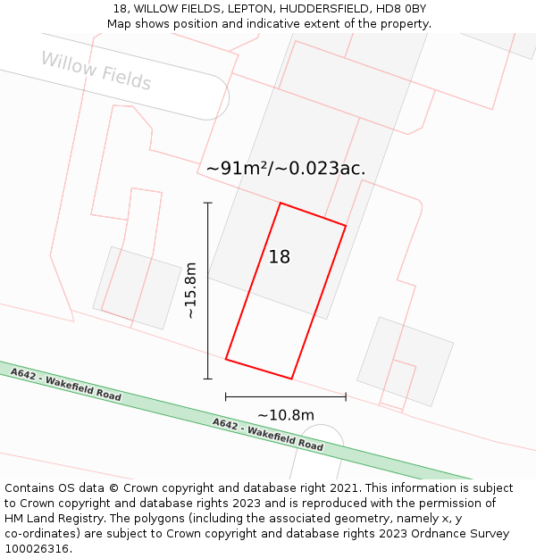 18, WILLOW FIELDS, LEPTON, HUDDERSFIELD, HD8 0BY: Plot and title map