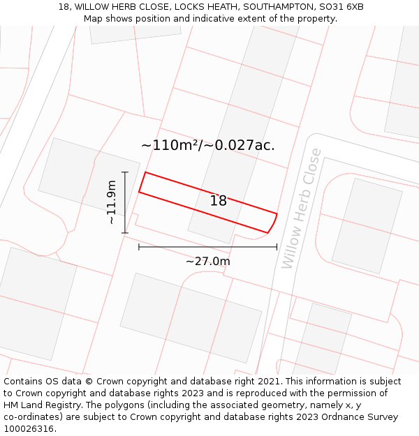 18, WILLOW HERB CLOSE, LOCKS HEATH, SOUTHAMPTON, SO31 6XB: Plot and title map