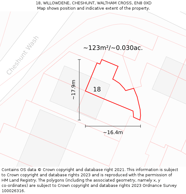 18, WILLOWDENE, CHESHUNT, WALTHAM CROSS, EN8 0XD: Plot and title map
